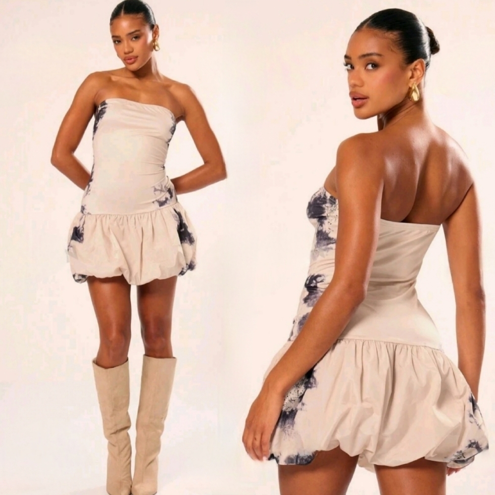 NWT Ivory Tie Dye Printed Puff Ball Bandeau Mini Dress Sz M